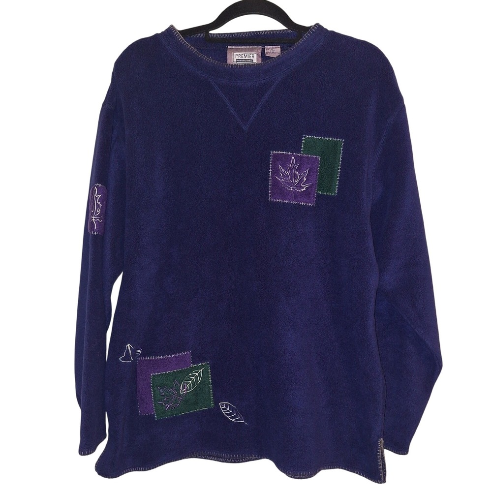 Premier International‎ Womens XL Blue Fleece Pullover Sweatshirt Leaf Patch